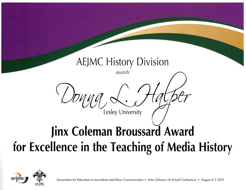 Donna Halper 2021 Broussard Award certificate for excellence in teaching from AEJMC