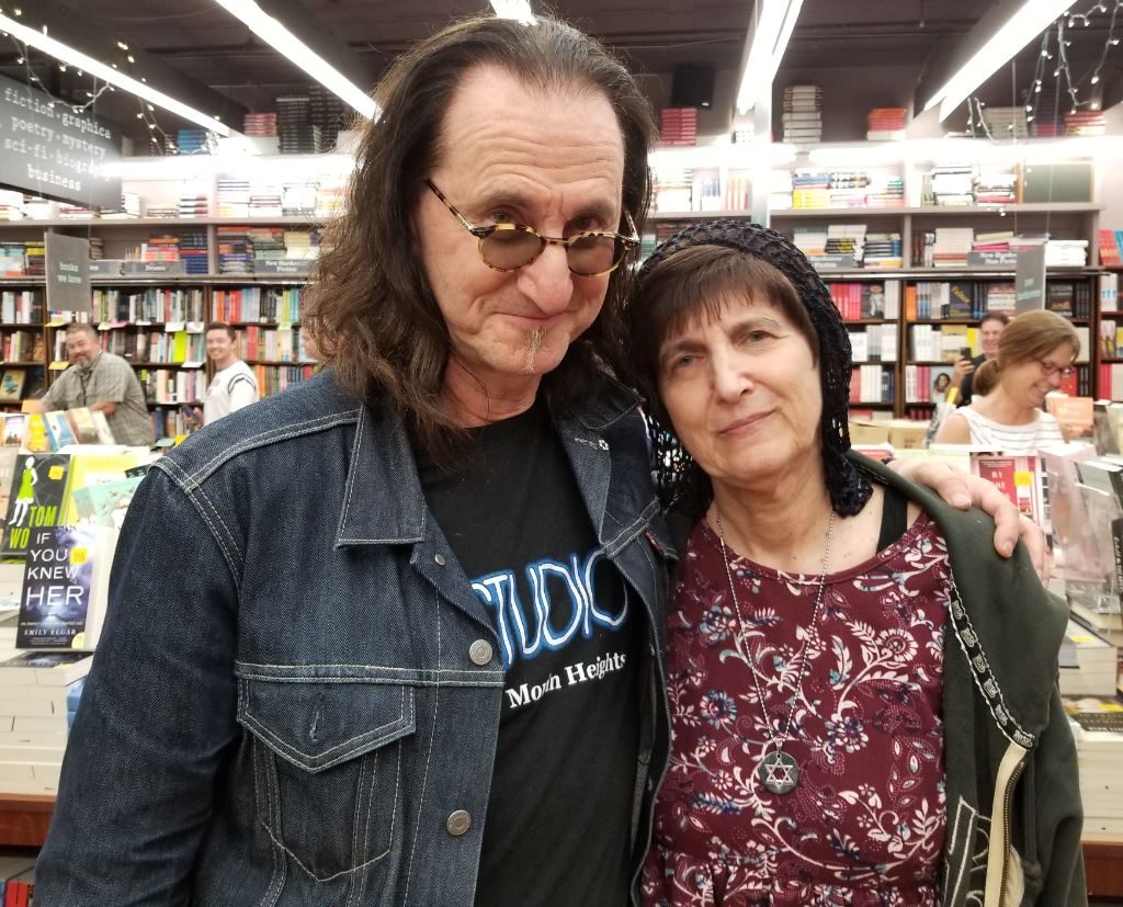 Donna Halper with Geddy Lee of Rush at the Brookline Booksmith, July 2019