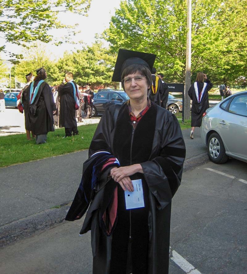 Donna Halper in cap and gown receiving her PhD from the University of Massachusetts Amherst, May 2011, at age 64