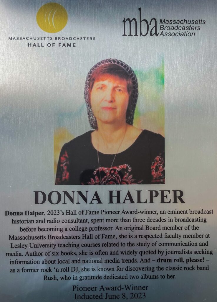 Donna Halper Massachusetts Broadcasters Hall of Fame induction plaque